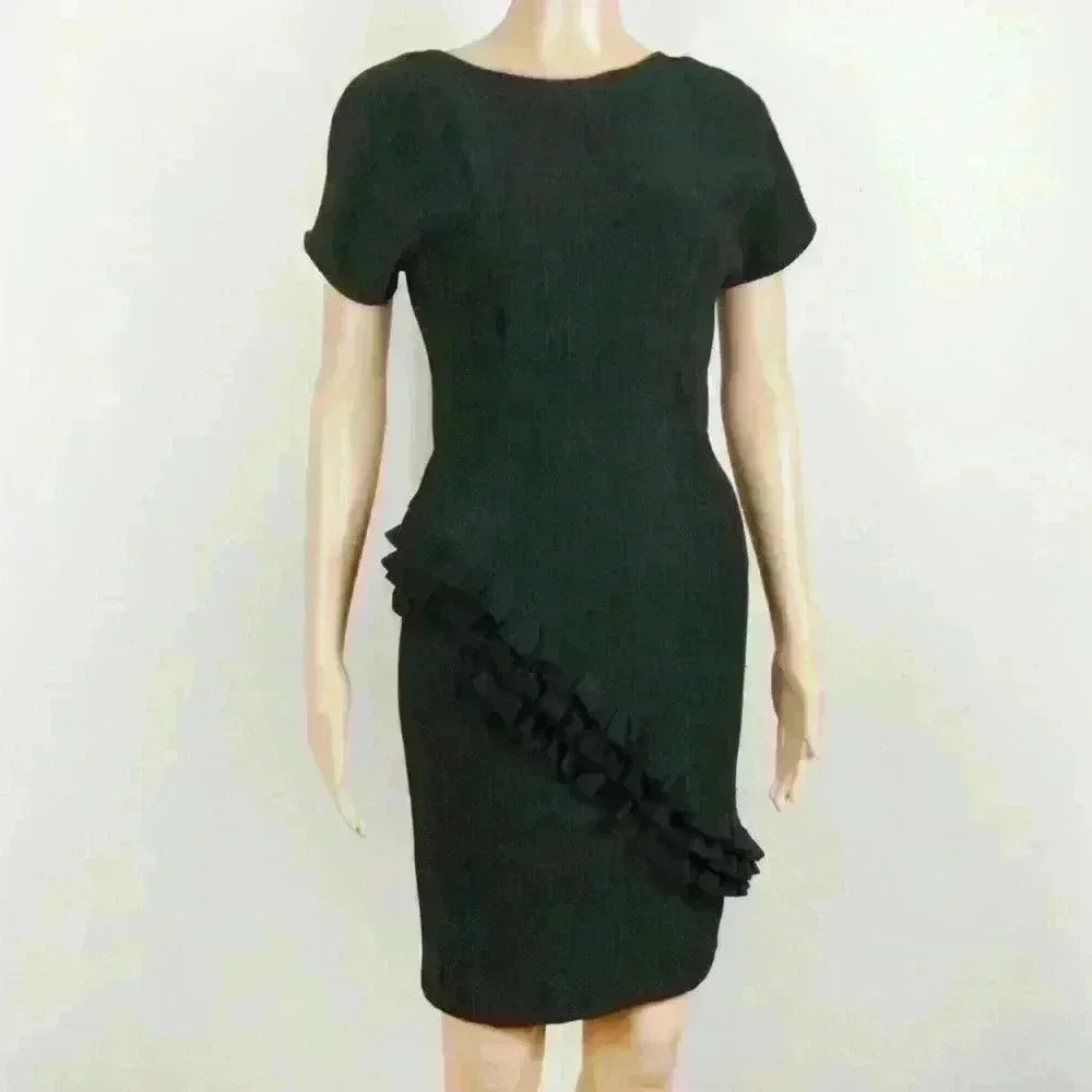 Vinatge 90s GENEVIEVE TARKA Paris Mini Ribbed  Ruffle Stretch Mini Dress